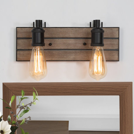LALUZ Rustic Vanity Light with Distressed Wood Backplate and Black Sockets, 2-Light