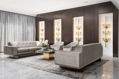 Large minimalist formal and open concept marble floor and white floor living room photo in New York with brown walls, no fireplace and no tv