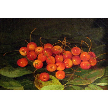 Tile Mural Still Life of Berry Cherry on Leaves, Ceramic Glossy