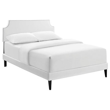 Corene Queen Faux Leather Platform Bed With Squared Tapered Legs, White
