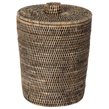 La Jolla Rattan Round Waste Basket With Plastic Insert and Lid, Black-Wash