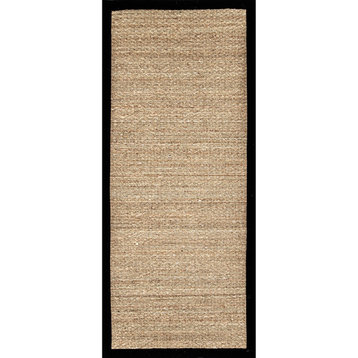 Machine Woven Maui Seagrass With Border Rug, Black, 2'6"x6' Runner