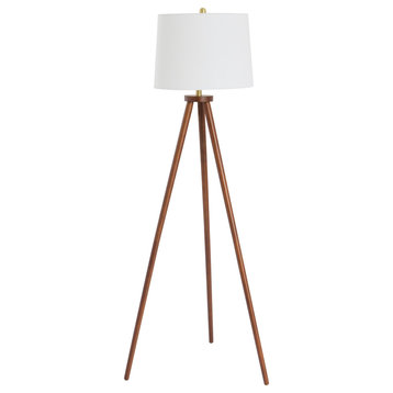 Mid Century Modern Tripod Wood Floor Lamp with Linen Shade, Espresso and Cream
