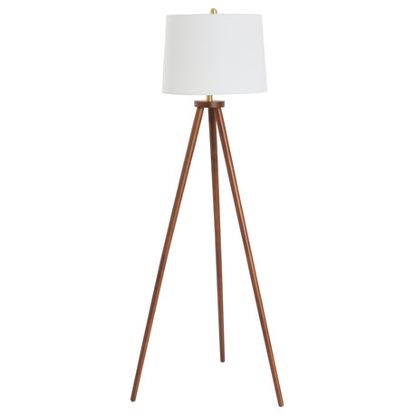 Mid Century Modern Tripod Wood Floor Lamp with Linen Shade, Espresso and Cream