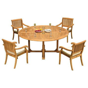 5-Piece Outdoor Teak Dining Set, 72" Round Table, 4 Arbor Stacking Arm Chairs