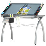 Studio Designs - Futura Craft Station, Silver and Blue Glass - The perfect multi-functional contemporary table: Studio Designs' Futura Craft Station is great for drafting, drawing, or crafting on its large tempered safety-glass work surface. The table top angle adjusts up to 35 degrees. Features include a large pencil drawer, 4 removable side trays for supplies, and 3 slide-out drawers for additional storage (mounts on either side of the table). A 24 pencil ledge slides up and locks into place if you'd rather keep pens, pencils, or brushes on the table top. Constructed of heavy gauge, powder-coated steel for durability and 4 floor levelers for stability. Available styles: Silver/Blue Glass, Black/Black, Black/White, Black/Clear Glass. Main work surface: 38''W x 24''D. Pencil drawer dimensions: 28''W x 9.5"D. Overall dimensions: 43.25"W x 24"D x 31.5"H. (Additional item accessory sold separately: Futura Leg Extensions in Silver #10051 and Black #10073)