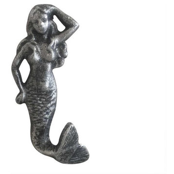 Antique Silver Cast Iron Mermaid Hook 6'', Mermaid Wall Decor, Cast Iron Hook