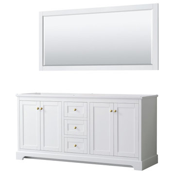 Avery 72" White Double Vanity, No Counter, No Sinks, 70" Mirror, Gold Trim