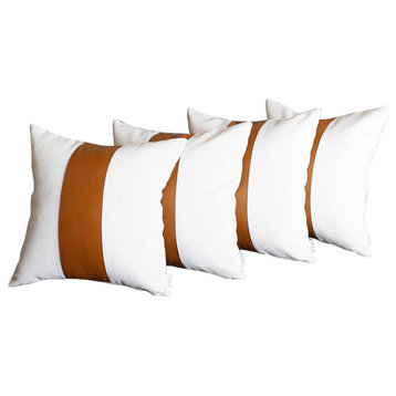 Set Of 4 White And Center Brown Faux Leather Pillow Covers