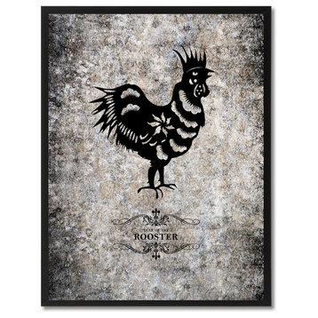 Rooster Chinese Zodiac Black Print on Canvas with Picture Frame, 13"x17"