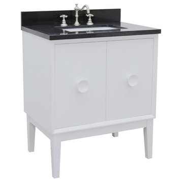 31" Single Vanity, White Finish With Black Galaxy Top And Rectangle Sink