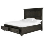 Magnussen - Magnussen Bellamy California King Panel Storage Bed in Peppercorn - Warm and inviting like an old French friend, Bellamy welcomes with European inspired styling in a unique Peppercorn finish and matte black pewter accented hardware. Scrolling open woodwork adorns the well appointed media chest doors while roomy dressers and chests feature rounded corners atop rounded bun feet. A plethora of bed options offer upholstered tufted headboards, storage footboards, panel headboards and gorgeous shaped panels with or without sumptuous scrolled design work for a Chateau feel for any taste.