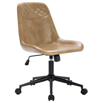 Faux Leather Black Base Swivel Desk Chair, Camel