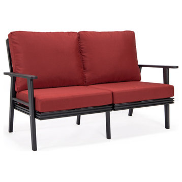 Leisuremod Walbrooke Patio Loveseat With Black Aluminum Frame, Red