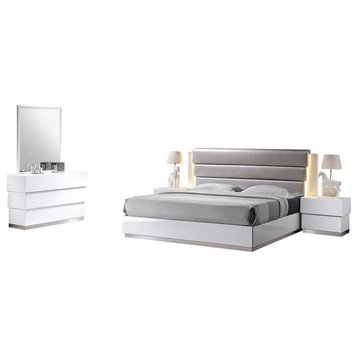 Best Master 5-Piece Florence Leather Headboard Cal King Bed Set in White/Gray