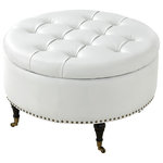 Inspired Home - Albina PU Leather Hidden Storage Tufted with Nailhead Trim Ottoman, White - Our PU leather ottoman adds a contemporary yet reserved touch to your living room or home office. Featuring supple PU leather with button tufting and contrasting goldtone nailhead trim, the comfort of a high density foam cushioned seat that doubles as a removable lid for a hidden storage compartment, rich wood legs with casters for ease of use. This sophisticated accent piece provides not only dual functionality but also a focal point of style and flair that seamlessly incorporates your main decor to create an inviting and comfortable atmosphere to come home to.FEATURES: