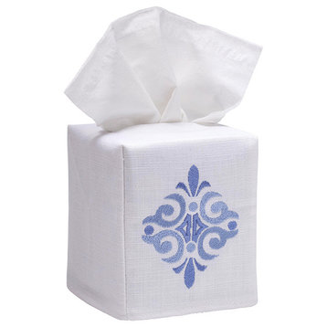 Linen Tissue Box Cover, Amalfi Scroll Blue
