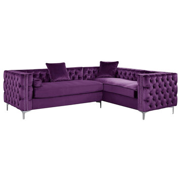 Elegant Sectional Sofa, Tufted Velvet Upholstery With 3 Accent Pillows, Plum