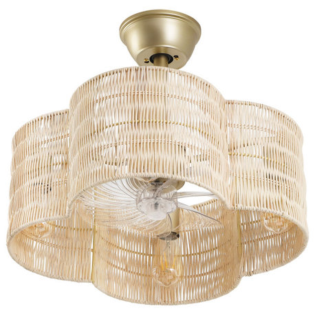 GetLedel 19.7" Scalloped Rattan Ceiling Fan With Remote and Light, Beige