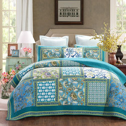 DaDa Bedding Greek Mediterranean Fountain Bohemian Reversible Cotton Real Patchw - Quilts And Quilt Sets