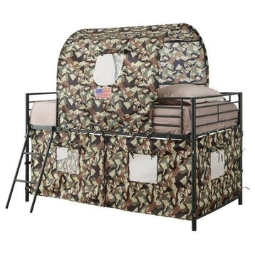 Bowery Hill Modern Metal Camouflage Loft Bed with Tent Cover in Army Green