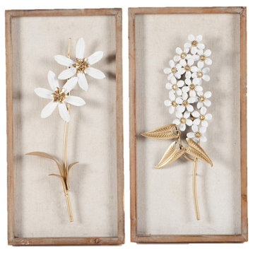Pemberly Row Contemporary Metal Flower Wall Decor in White (Set of 2)