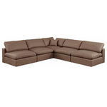 Meridian Furniture - Comfy Upholstered L-Shaped Modular Sectional, Brown, 5-Piece: 4 Armless Chair, 1 Corner Chair, Vegan Leather - Give your space a whole new look with this brown Comfy vegan leather sectional. This handsome sectional fits nicely with other items in the Comfy collection and is a versatile seating option designed for adaptability, comfort and style. Wrapped in rich brown durable vegan leathered upholstery, this sectional offers a plush embrace of overstuffed down feather cushions, carefully crafted to deliver the highest level of comfort. The perfect seat for creating an oasis for relaxation, this sectional has thick foam surrounding its frame for added support and coziness.