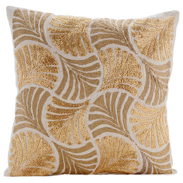 Gold Chair Cushions Ginkgo 20"x20" Cotton Linen Zardozi, Gold Ginko Leaves