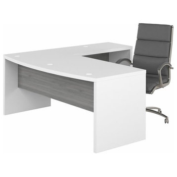 Echo 72W Bow Front L Shaped Desk and Chair Set in White & Gray - Engineered Wood