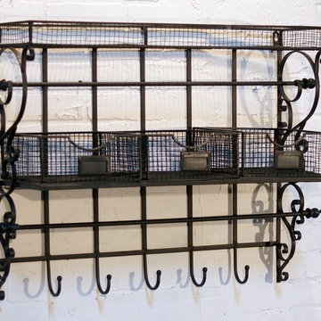 Decorative Metal Wall Shelf With Hooks And Bins