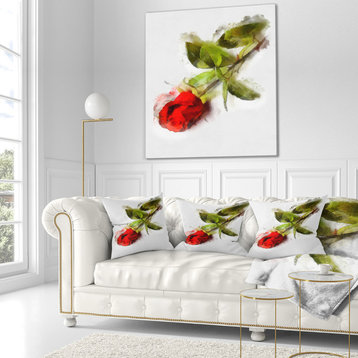 Red Rose With Stem Drawing Flower Throw Pillow, 18"x18"