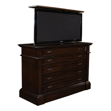 Santa Cruz TV lift cabinet dresser hides the flat screen for bedrooms