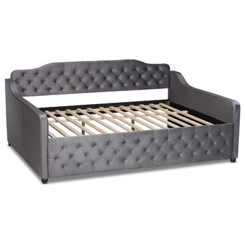 Queen Daybed, Slatted Support With Diamond Button Tufted Headboard, Grey