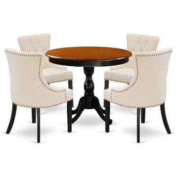 AMFR5-BCH-02 - Table and 4 Light Beige Linen Fabric Chairs - Black Finish
