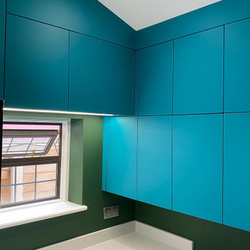 Teal & White Bespoke Kitchen with Feature Wall – London E6