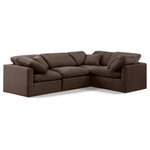Meridian Furniture - Indulge Upholstered Modular L-Shaped Sectional, Brown, 4-Piece: 1 Armless Chair, 3 Corner Chair, Down Stuffed Velvet - Unwind in tranquil elegance with the Indulge Velvet Sectional. Imagine sinking into the plush embrace of this lush sectional, crafted from rich, textured brown velvet that feels soft and inviting against your skin. Overstuffed down feather cushions cradle you in cloud-like comfort, while the solid wood frame provides unwavering support. This modular masterpiece isn't just furniture - it's a blank canvas for creating your dream living space. Arrange the versatile pieces in countless configurations, from a sprawling entertainment zone for movie nights to intimate reading nooks for quiet moments. Indulge in the ultimate comfort, endless possibilities, and timeless elegance.