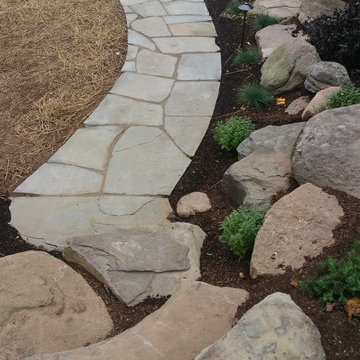 Rural Landscape Design - Fieldstone Wall, Flagstone Path, Boulder Steps