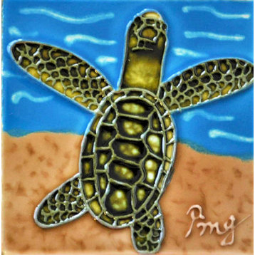 4x4" Sea Turtle on a Beach Ceramic Art Tile Drink Holder Coaster
