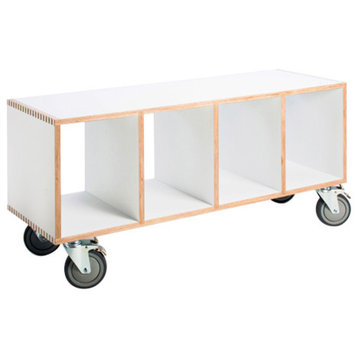 Modern Wood Bench On Casters, Open Cube Storage, White