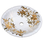 Decorated Porcelain Company - Gold Orchids Hand Painted Drop-in Basin - Add an elegant and dramatic statement to your guest bath or powder room. Matte and shiny metallic gold orchids and leaves edged in black painted on a white fluted drop-in basin. All of our fixtures are hand-made to order in the USA and kiln-fired for long-lasting durability. Please note: fixture shown is no longer available. Please see Product Specification Sheet for photo. Essentially the same sink, with three overflow drain holes instead of one.