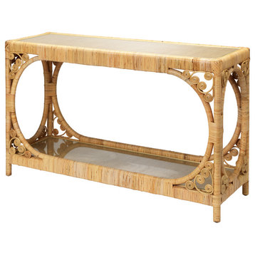 Contemporary Tropical Rattan Scroll Console Table Open Glass Shelf Vintage Style