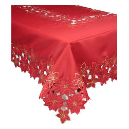 Xia Home Fashions - Festive Poinsettia Embroidered Cutwork Christmas Tablecloth, 60"x84" - Tablecloths