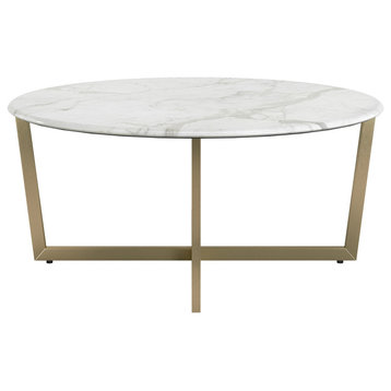 Llona 36" Round Coffee Table in Marble Melamine with Stainless Steel Base, White