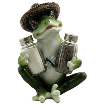 Country Frog in Straw Hat Decorative Glass Salt and Pepper Shaker 3-Piece Set