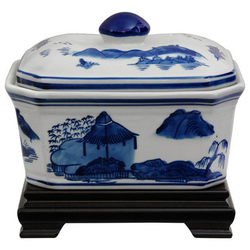 8" Landscape Blue and White Porcelain Covered Jar