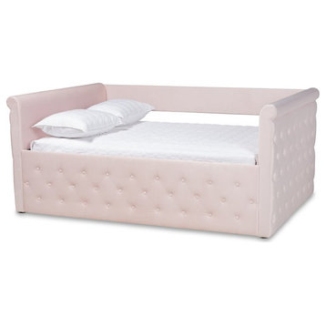 Baxton Studio Amaya Mid-Century Velvet and Wood Full Daybed in Light Pink
