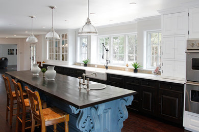Kitchen - large contemporary kitchen idea in Other with white cabinets and an island