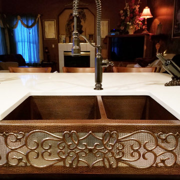 33" Hammered Copper Apron Front 60/40 Double Basin Kitchen Sink w/ Scroll Design