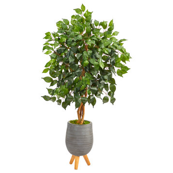 4' Ficus Artificial Tree, Gray Planter With Stand