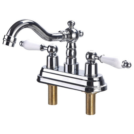 Chrome Polished Brass Centerset Faucet 4" L White 2 Handles Labeled Hot and Cold